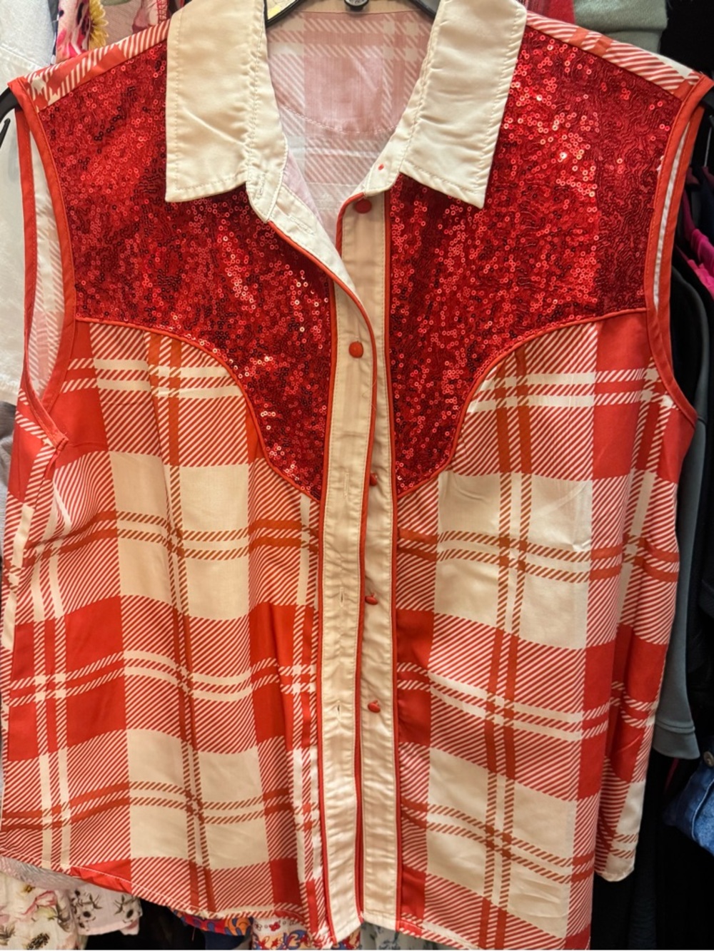 Southern Grace Red and Cream Sequin Plaid Button-Down Top